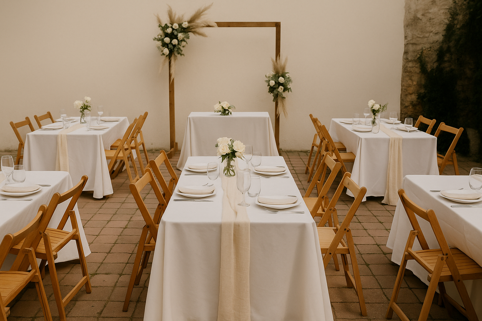 Montaje de matrimonio económico con mesas simples, sillas de madera y decoración minimalista en un patio al aire libre.